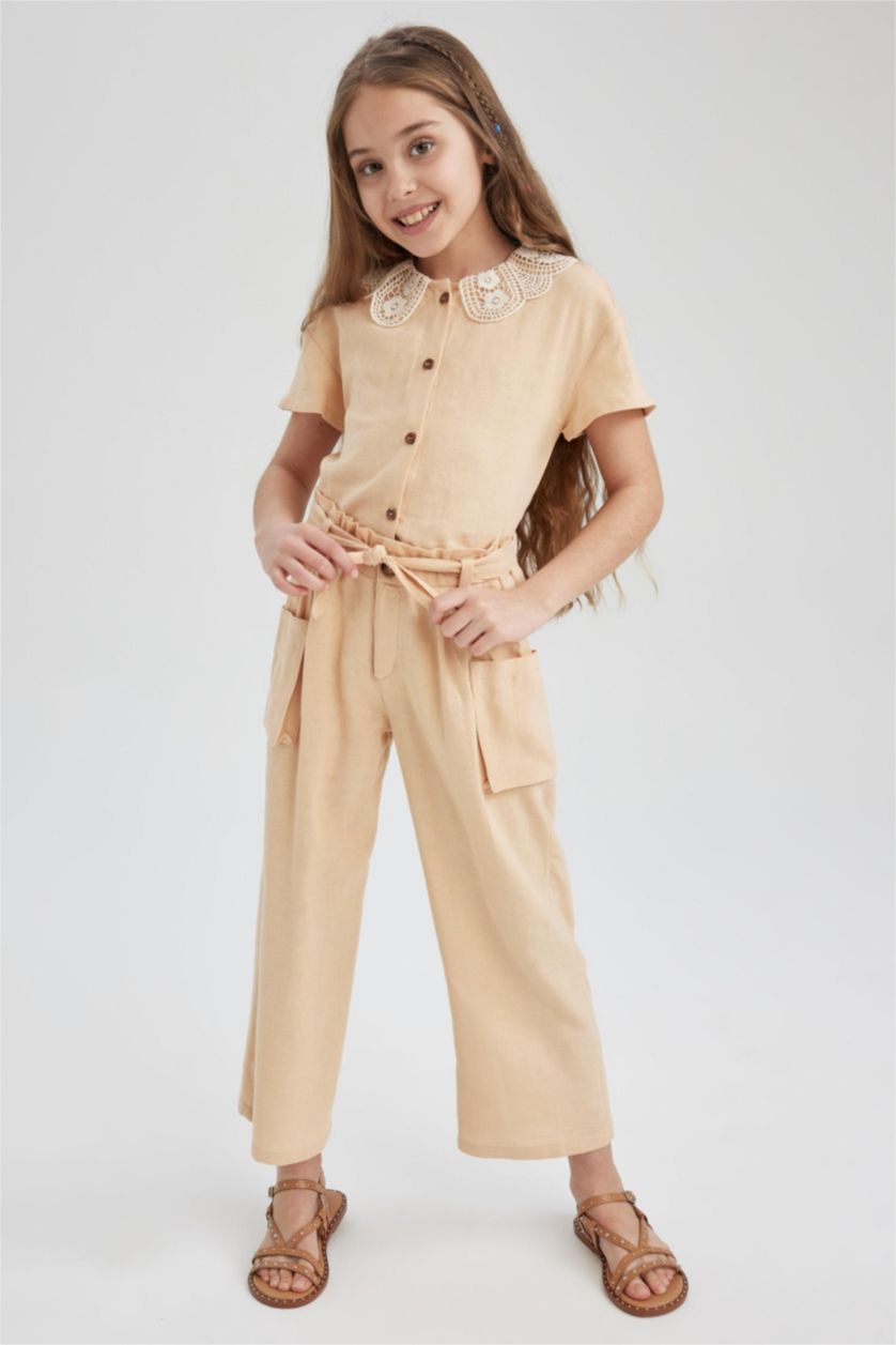 FILLES Beige Pantalon Lin Mélangé Jambes larges