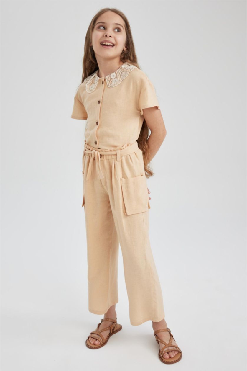 FILLES Beige Pantalon Lin Mélangé Jambes larges