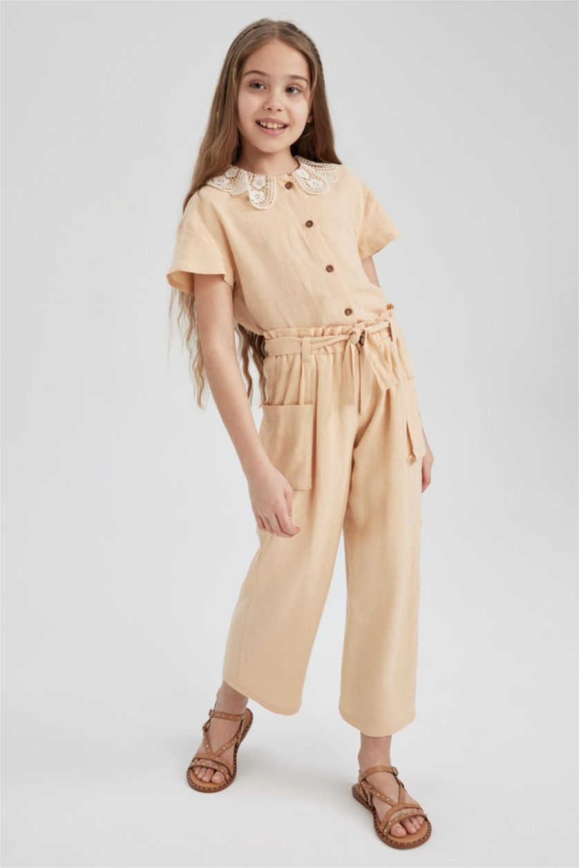 FILLES Beige Pantalon Lin Mélangé Jambes larges