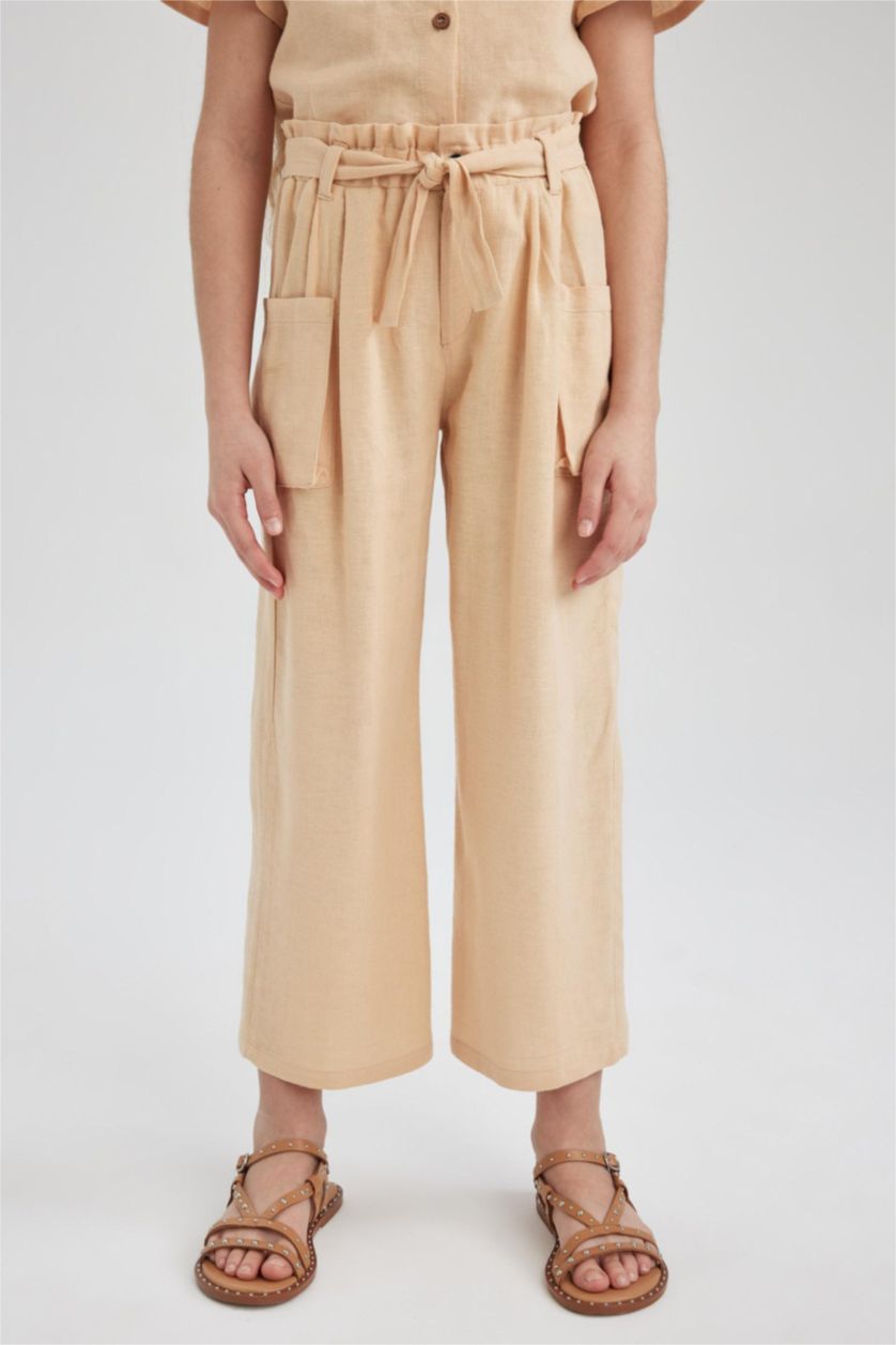 FILLES Beige Pantalon Lin Mélangé Jambes larges