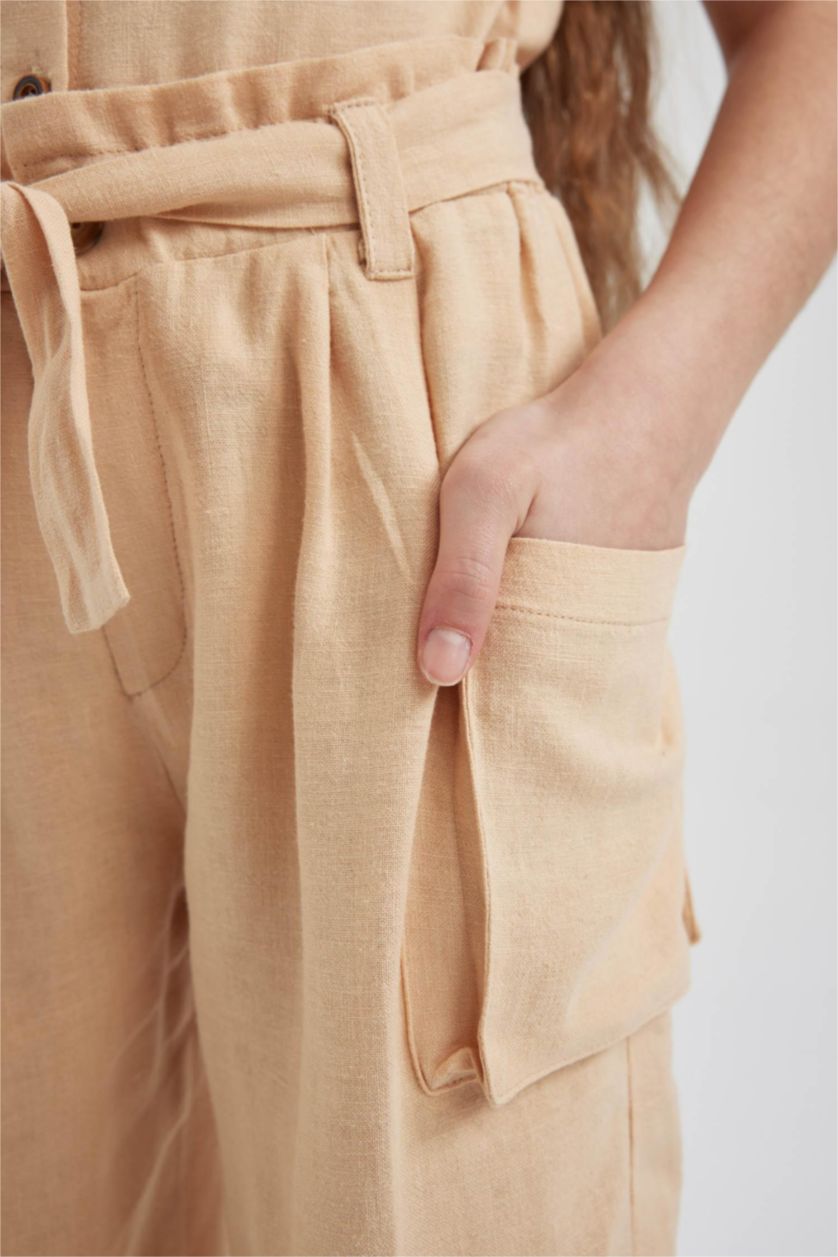 FILLES Beige Pantalon Lin Mélangé Jambes larges