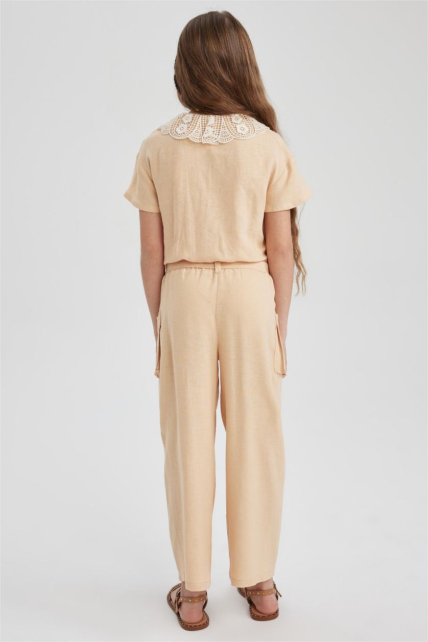 FILLES Beige Pantalon Lin Mélangé Jambes larges