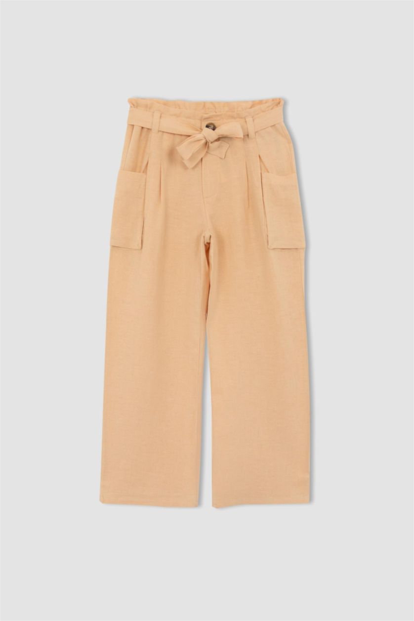 FILLES Beige Pantalon Lin Mélangé Jambes larges