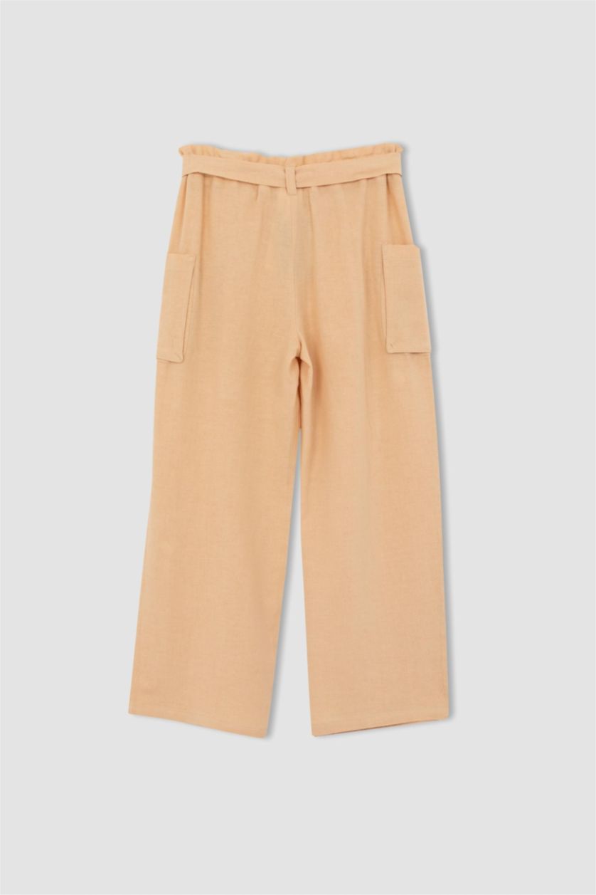 FILLES Beige Pantalon Lin Mélangé Jambes larges