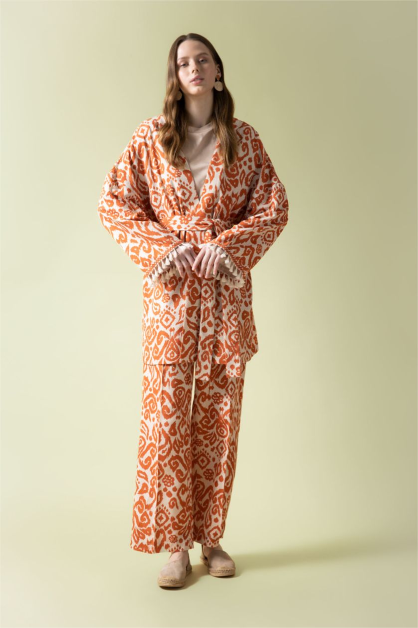 WOMAN Beige Palazzo Printed Linen Blended Trousers