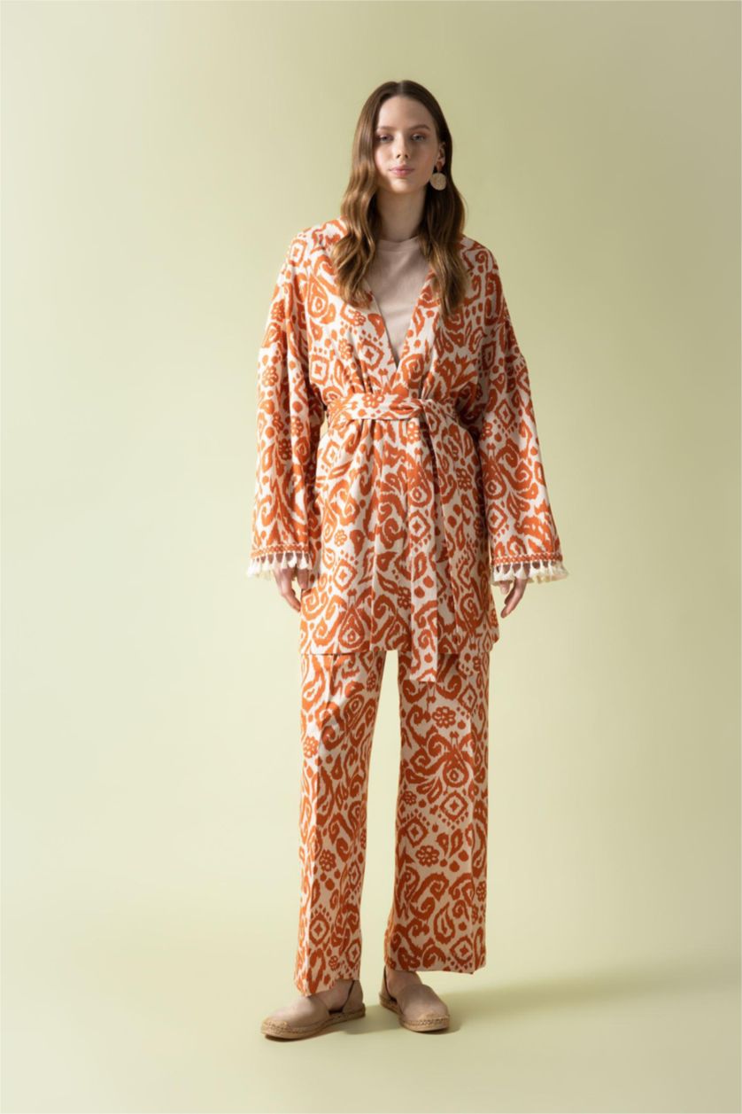 WOMAN Beige Palazzo Printed Linen Blended Trousers