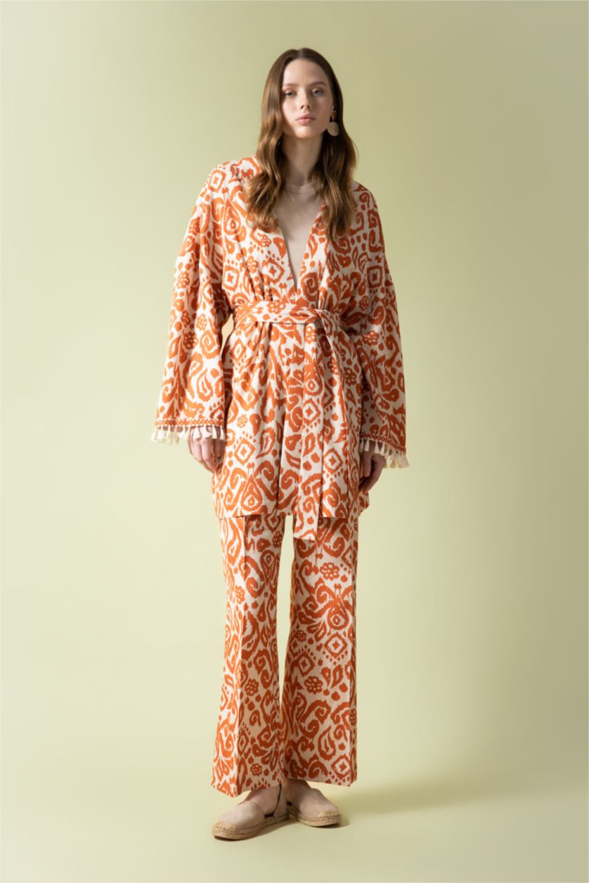 WOMAN Beige Palazzo Printed Linen Blended Trousers