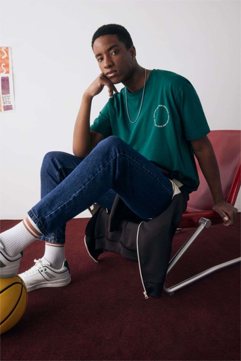 HOMME Vert Foncé T-Shirt Oversize Imprimé en coton à Col Ras Du Cou