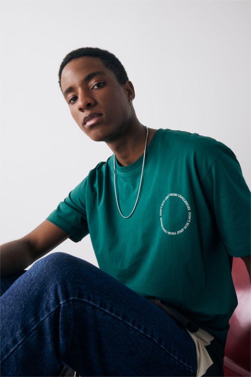 HOMME Vert Foncé T-Shirt Oversize Imprimé en coton à Col Ras Du Cou