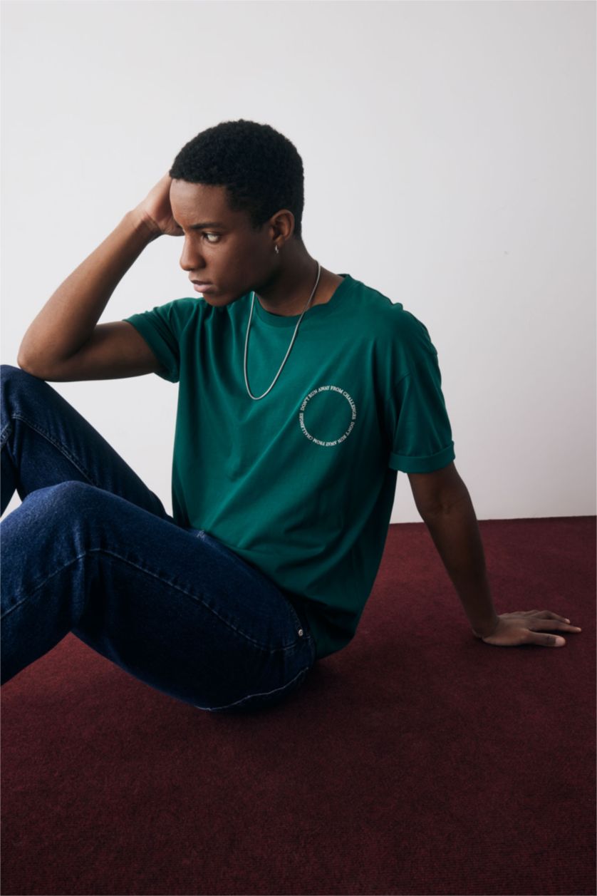 HOMME Vert Foncé T-Shirt Oversize Imprimé en coton à Col Ras Du Cou