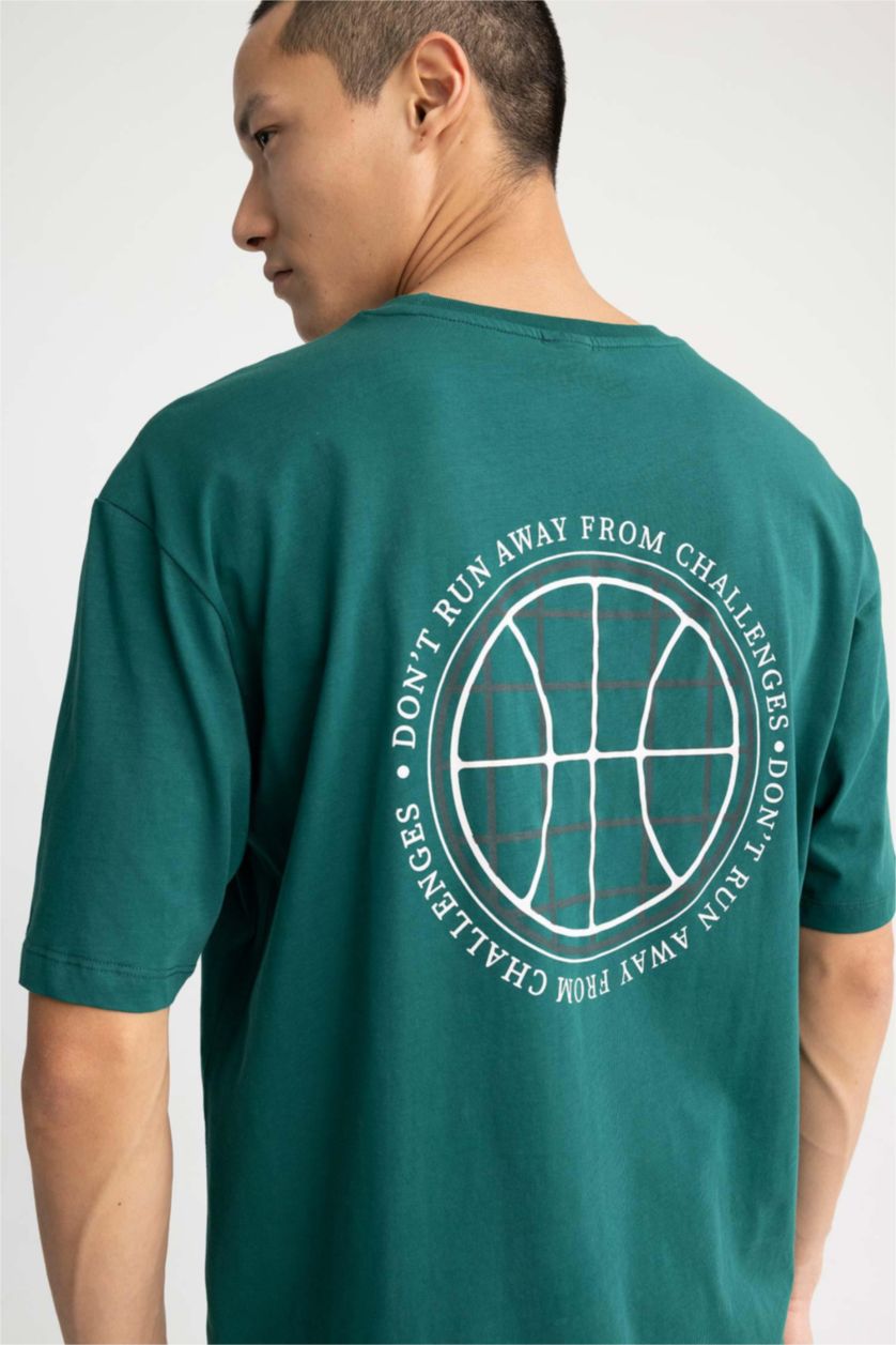 HOMME Vert Foncé T-Shirt Oversize Imprimé en coton à Col Ras Du Cou