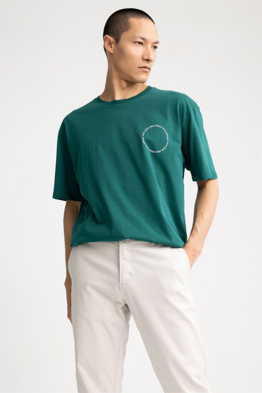 HOMME Vert Foncé T-Shirt Oversize Imprimé en coton à Col Ras Du Cou