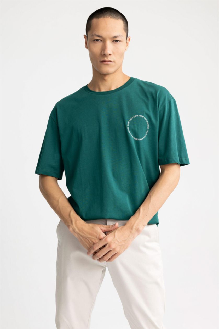 HOMME Vert Foncé T-Shirt Oversize Imprimé en coton à Col Ras Du Cou