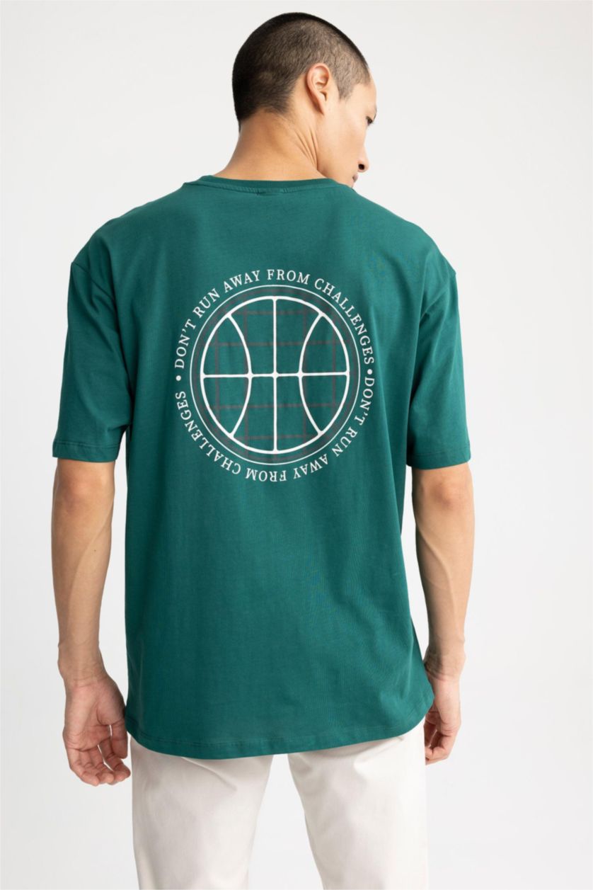 HOMME Vert Foncé T-Shirt Oversize Imprimé en coton à Col Ras Du Cou