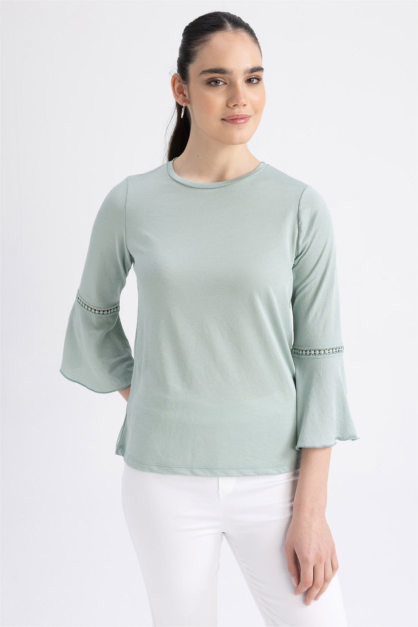 Жіночий Світло зелений Кофта стандартного крою з круглим вирізом креп для жінок