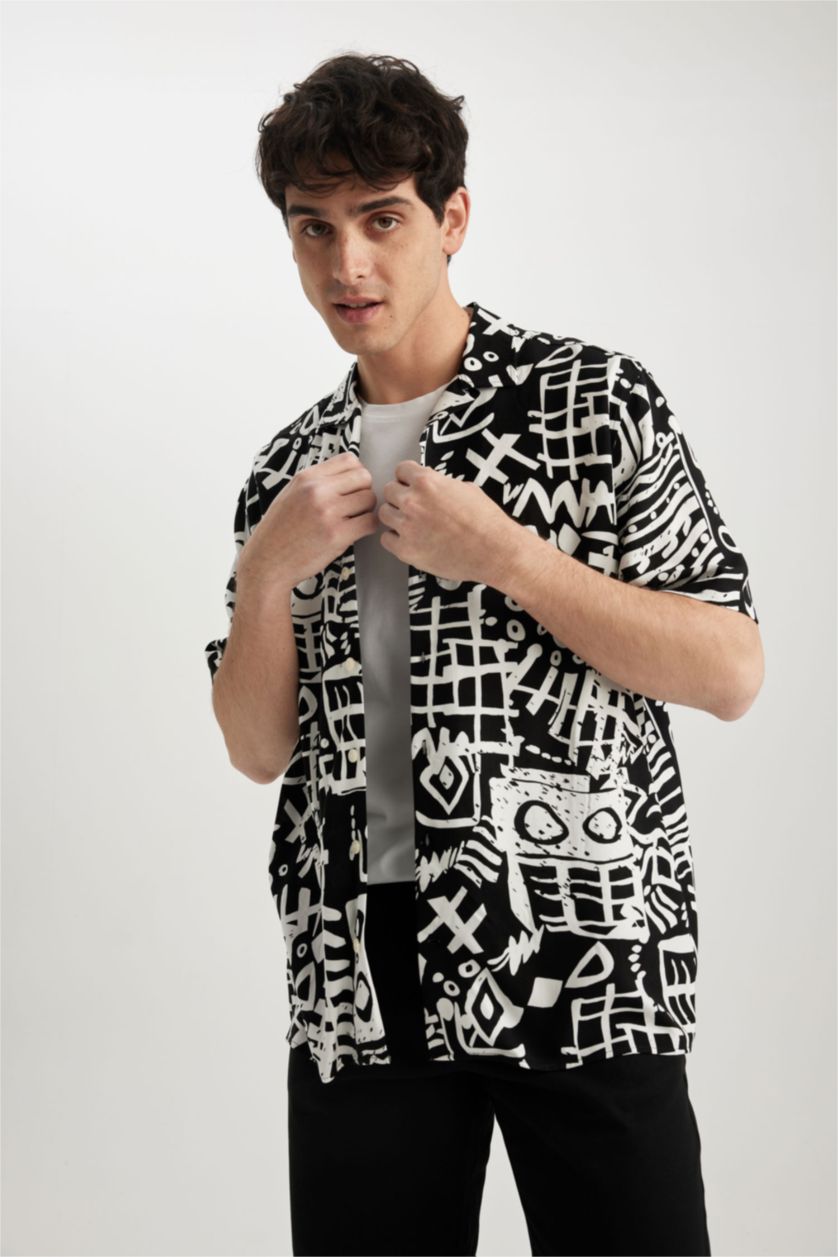 رجال أسود قميص قصة مريحة ياقة جاكيت