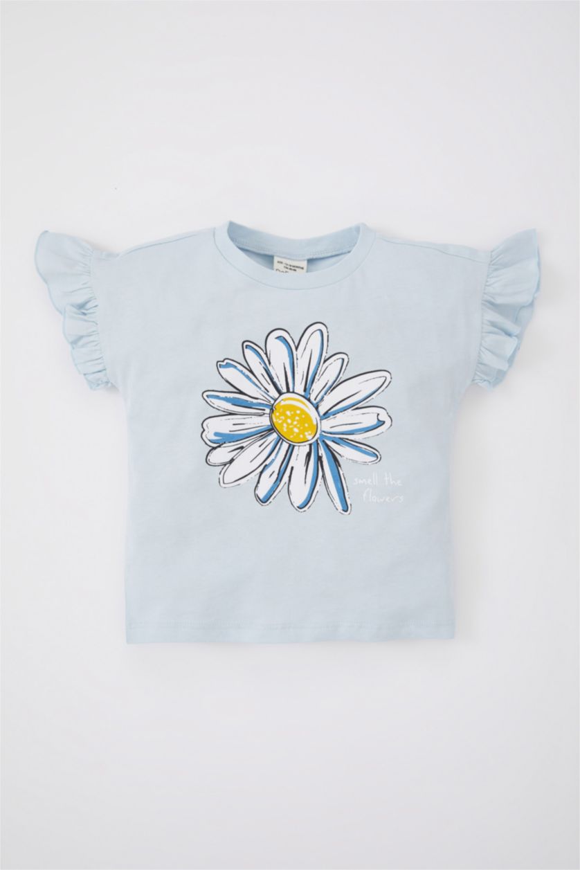 BABY GIRL Light Blue Baby Girl Regular Fit Crew Neck Floral Short Sleeve T-Shirt