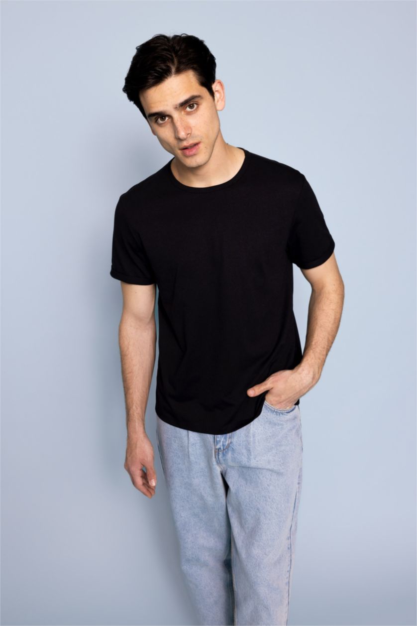 MAN Black Regular Fit Crew Neck Basic Short Sleeve T-Shirt