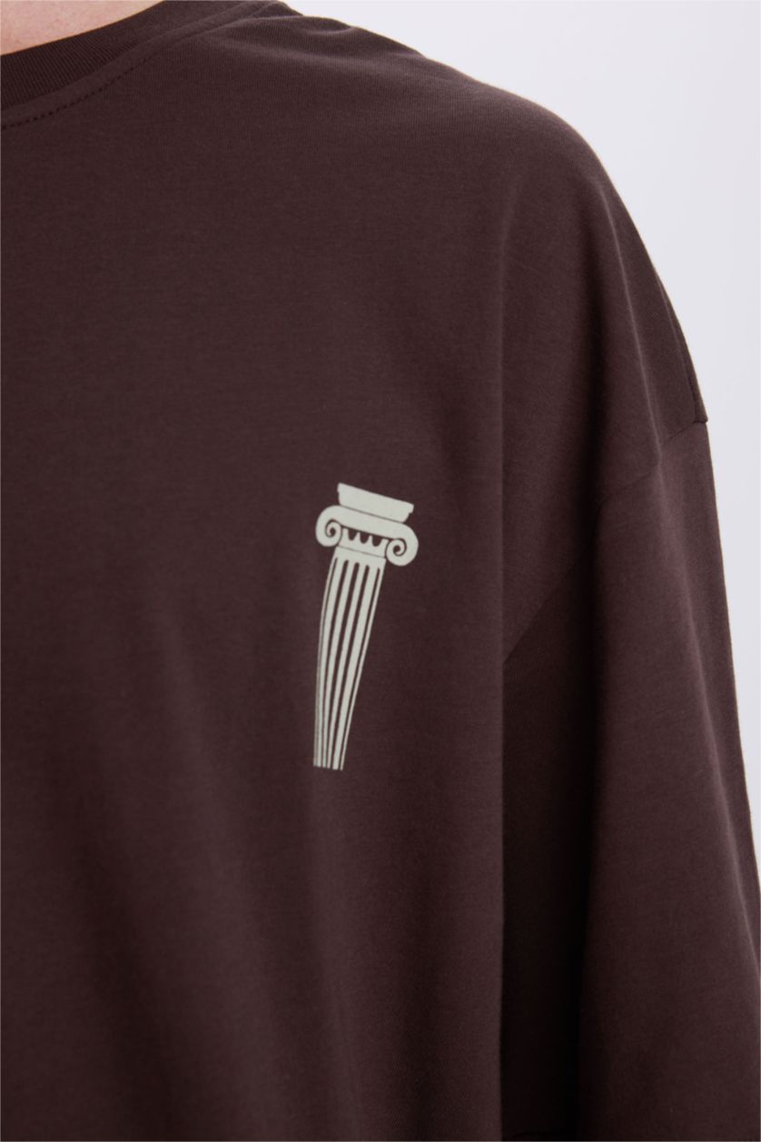 رجالي بني تيشيرت قطن نص كم اوفر سايز برقبة مستديرة بطبعة من الخلف