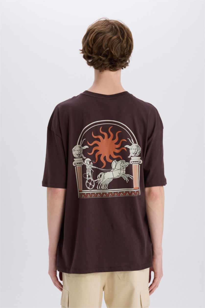 رجالي بني تيشيرت قطن نص كم اوفر سايز برقبة مستديرة بطبعة من الخلف