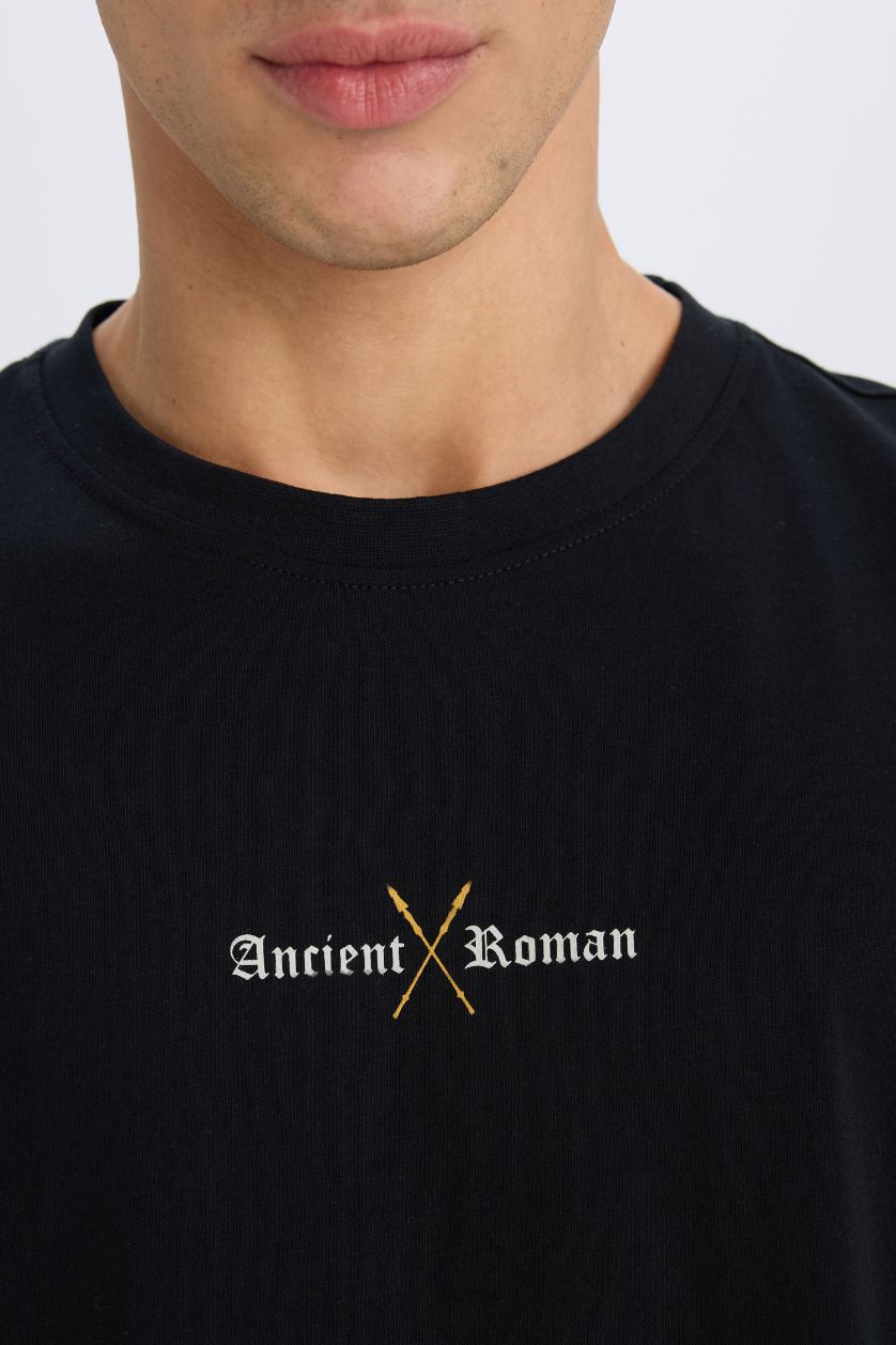 Erkek Siyah %100 Pamuk Oversize Geniş Kalıp Bisiklet Yaka Sırt Baskılı Kısa Kollu Tişört