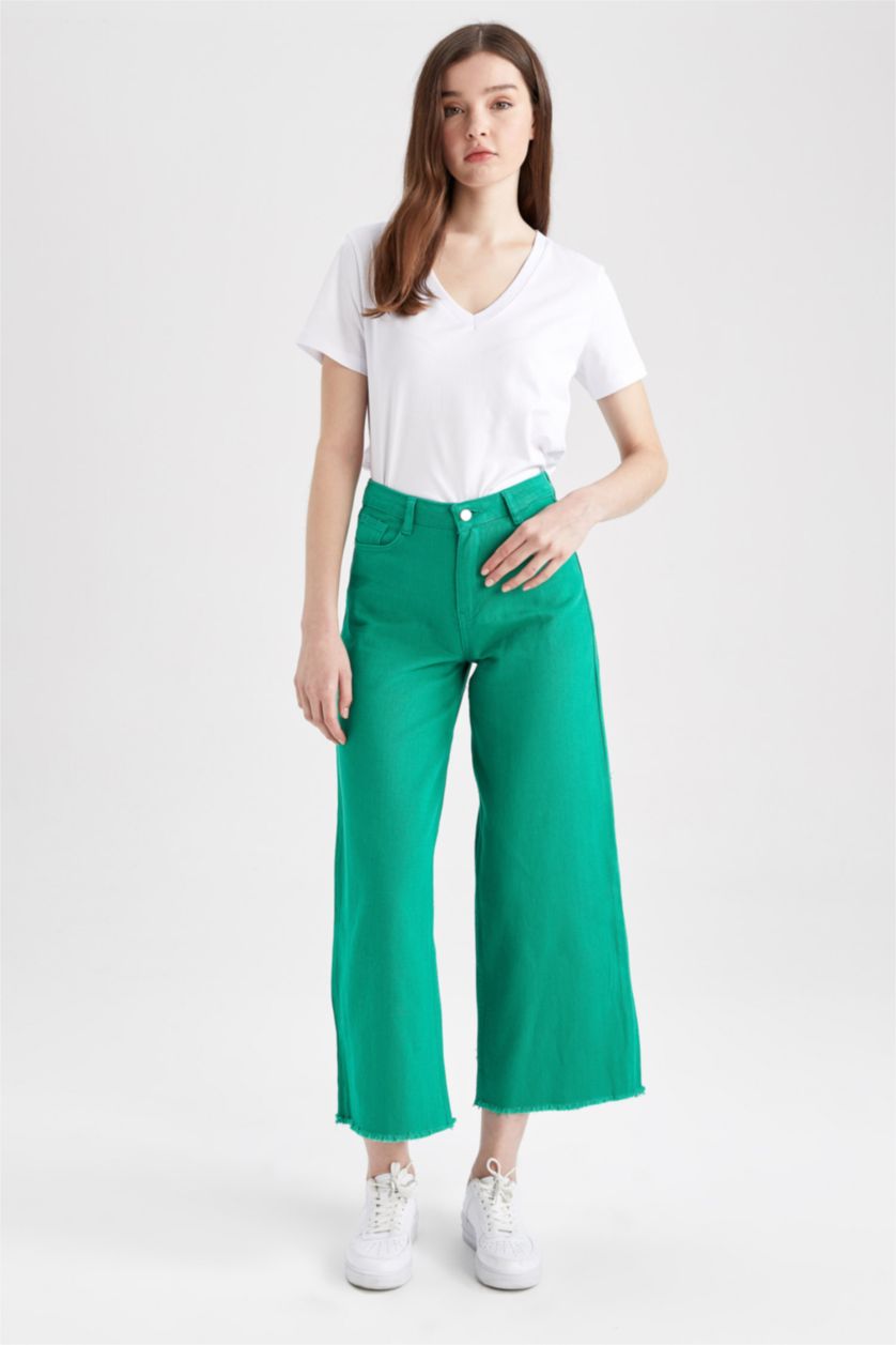 FEMME Vert Pantalon En Gabardine Taille Haute Et Jambe Large