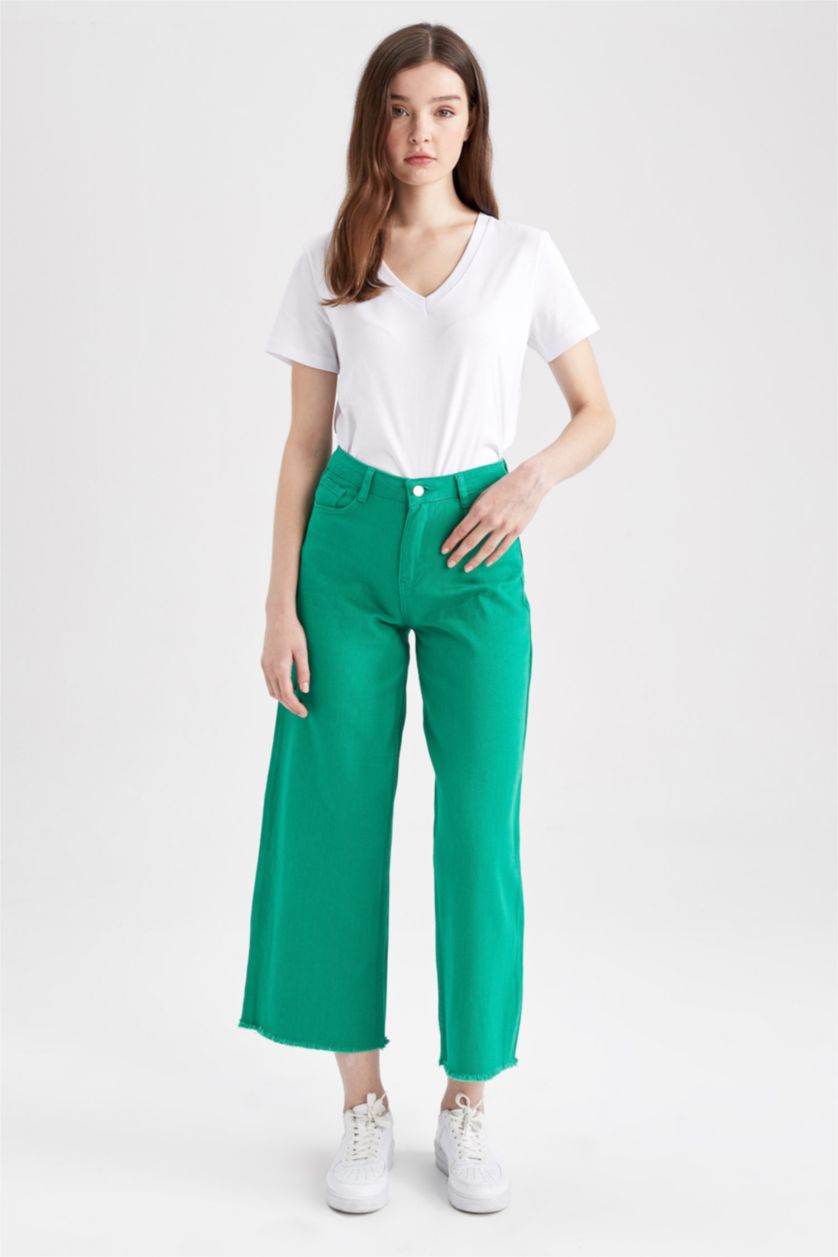 FEMME Vert Pantalon En Gabardine Taille Haute Et Jambe Large