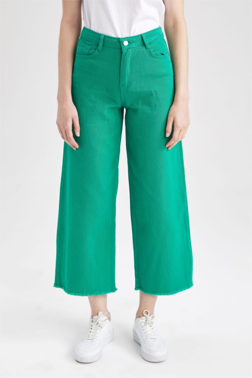 FEMME Vert Pantalon En Gabardine Taille Haute Et Jambe Large
