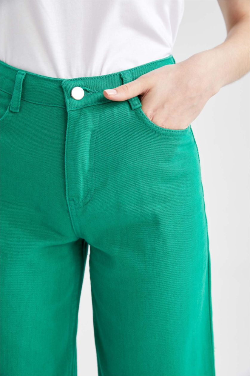 FEMME Vert Pantalon En Gabardine Taille Haute Et Jambe Large