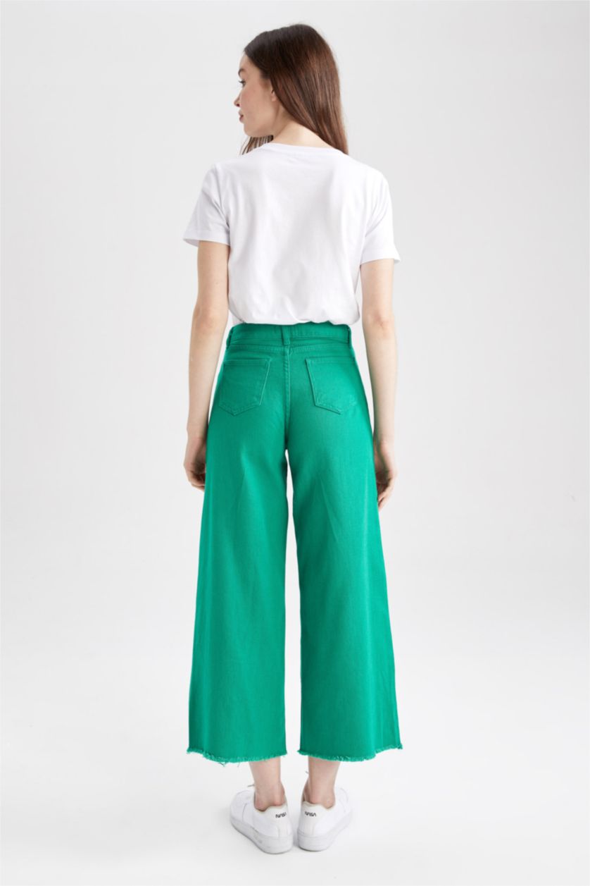 FEMME Vert Pantalon En Gabardine Taille Haute Et Jambe Large