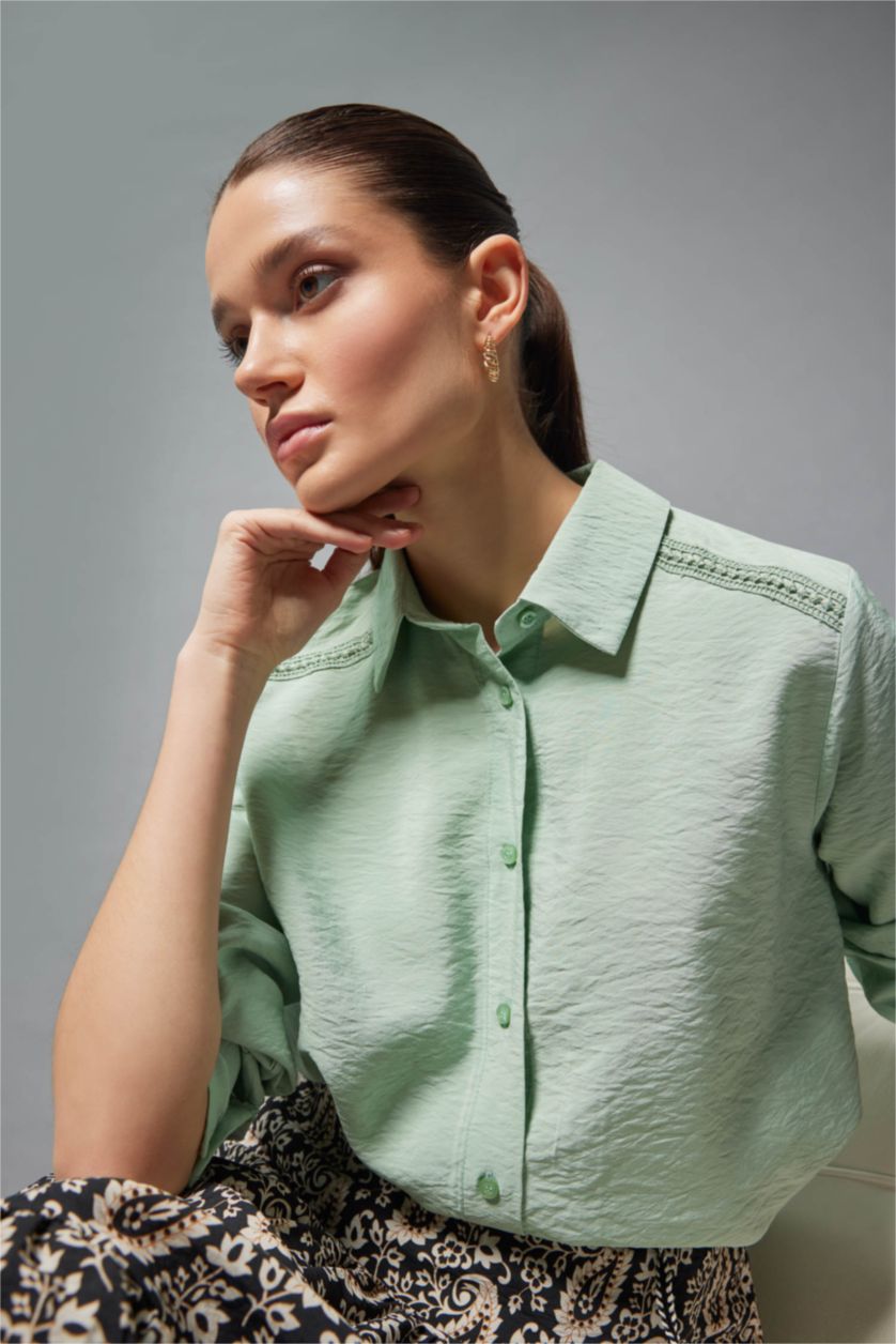WOMAN Light Green Traditional Regular Fit Shirt Collar Long Sleeve Shirt