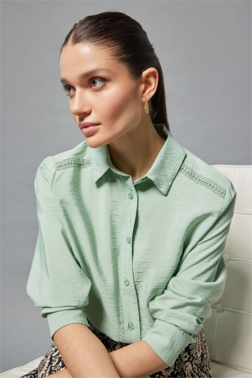 WOMAN Light Green Traditional Regular Fit Shirt Collar Long Sleeve Shirt