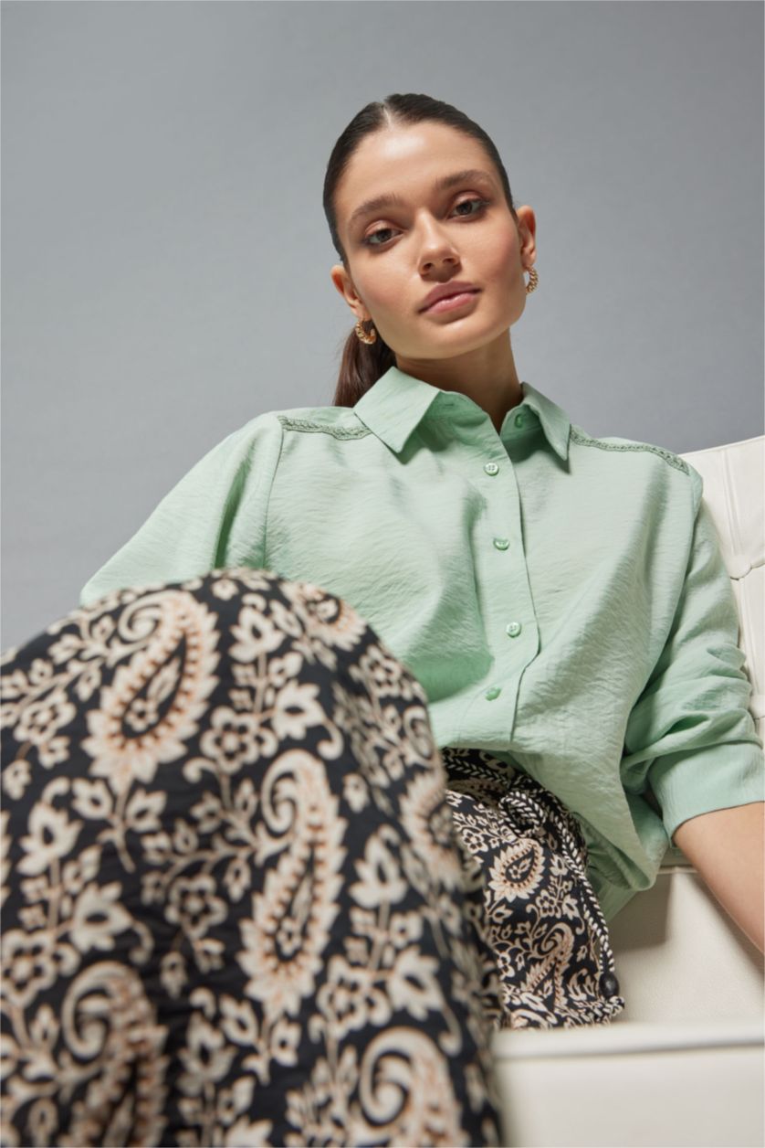 WOMAN Light Green Traditional Regular Fit Shirt Collar Long Sleeve Shirt