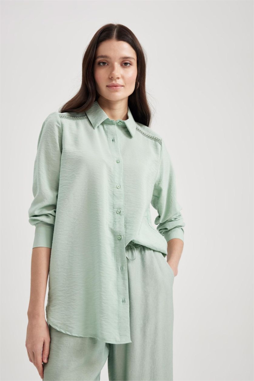 WOMAN Light Green Traditional Regular Fit Shirt Collar Long Sleeve Shirt