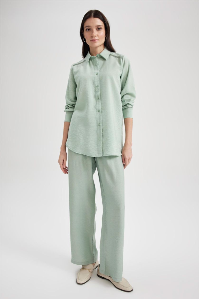 WOMAN Light Green Traditional Regular Fit Shirt Collar Long Sleeve Shirt