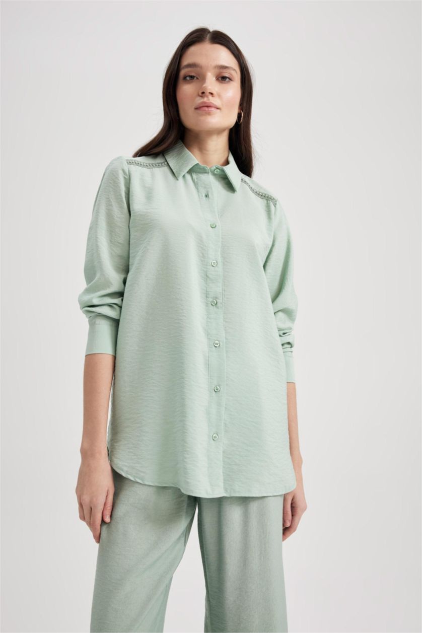 WOMAN Light Green Traditional Regular Fit Shirt Collar Long Sleeve Shirt