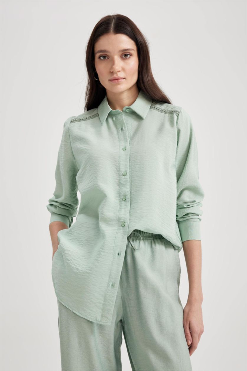WOMAN Light Green Traditional Regular Fit Shirt Collar Long Sleeve Shirt