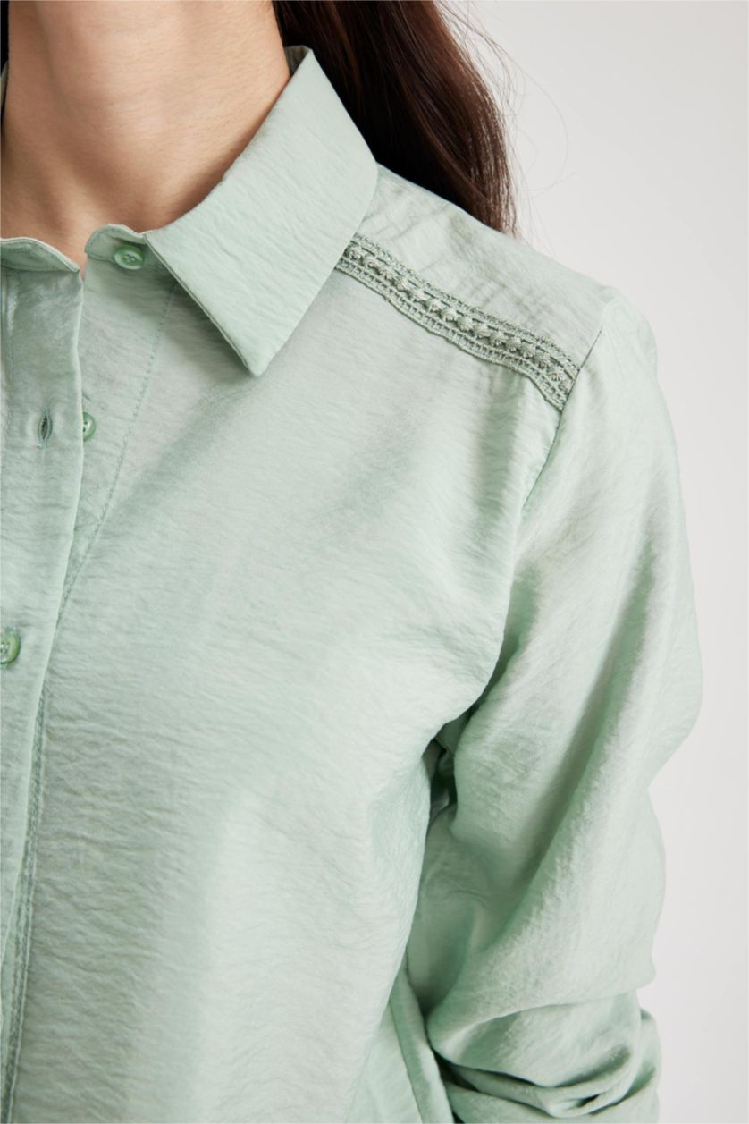 WOMAN Light Green Traditional Regular Fit Shirt Collar Long Sleeve Shirt