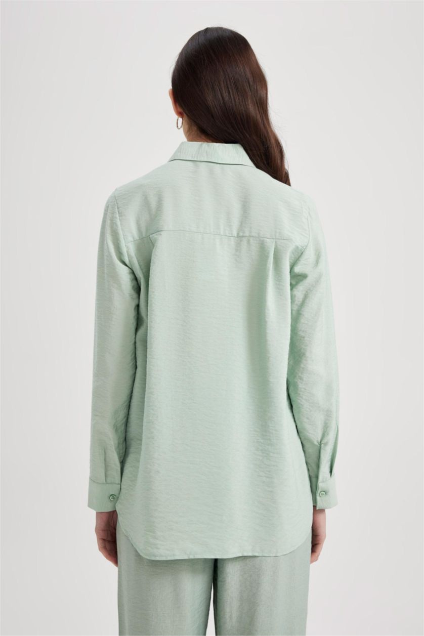 WOMAN Light Green Traditional Regular Fit Shirt Collar Long Sleeve Shirt