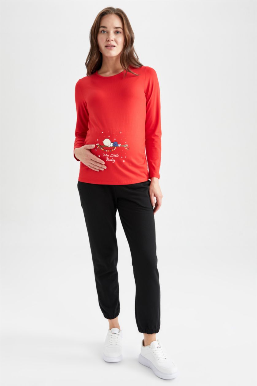 حريمي أحمر بلوزة حمل كم طويل برقبة مستديرة مطبوع