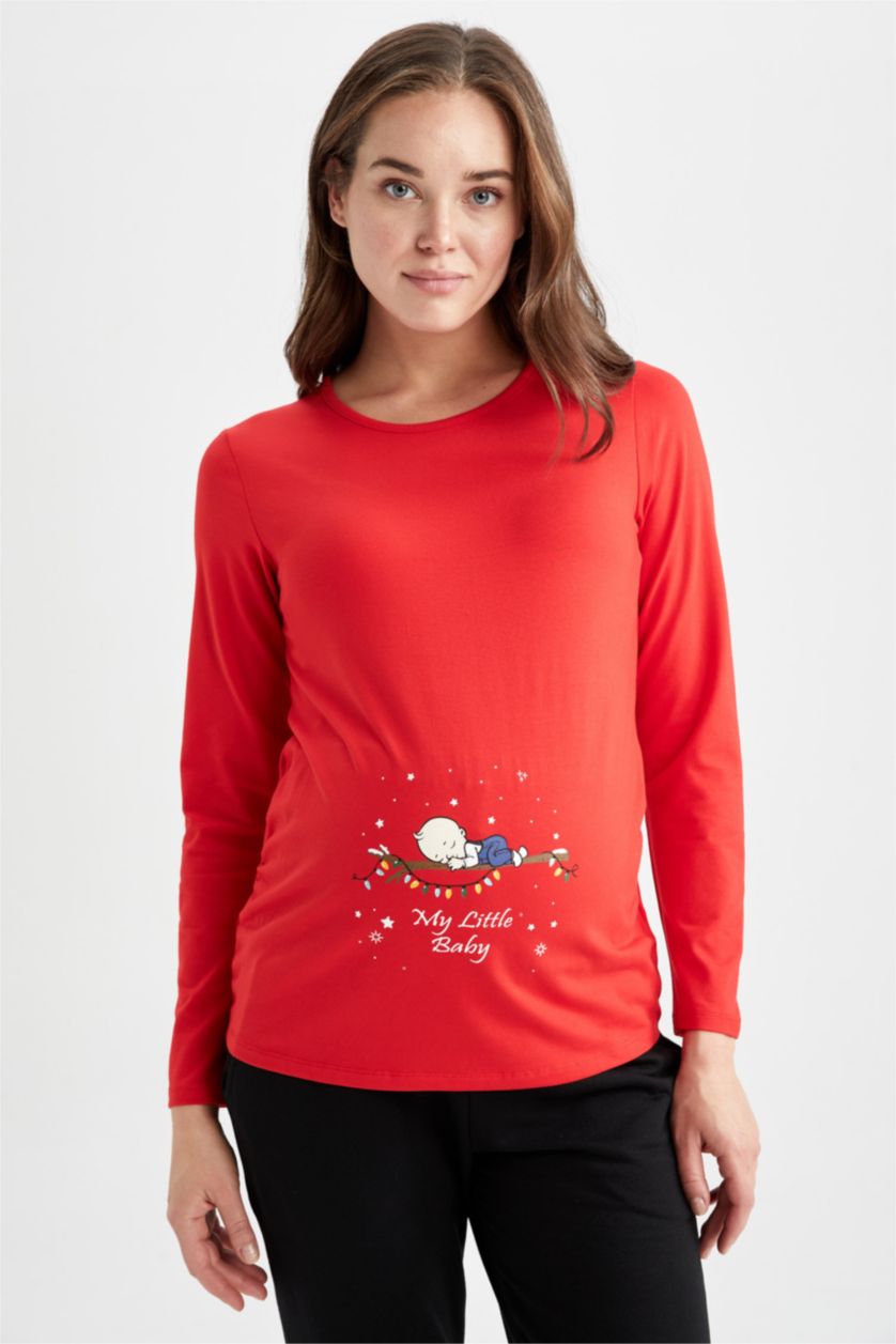 حريمي أحمر بلوزة حمل كم طويل برقبة مستديرة مطبوع