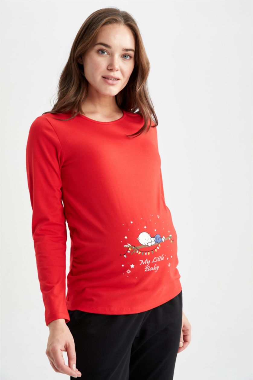 حريمي أحمر بلوزة حمل كم طويل برقبة مستديرة مطبوع