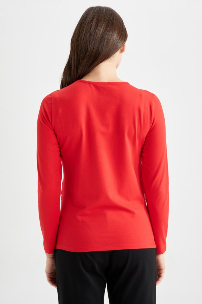 حريمي أحمر بلوزة حمل كم طويل برقبة مستديرة مطبوع