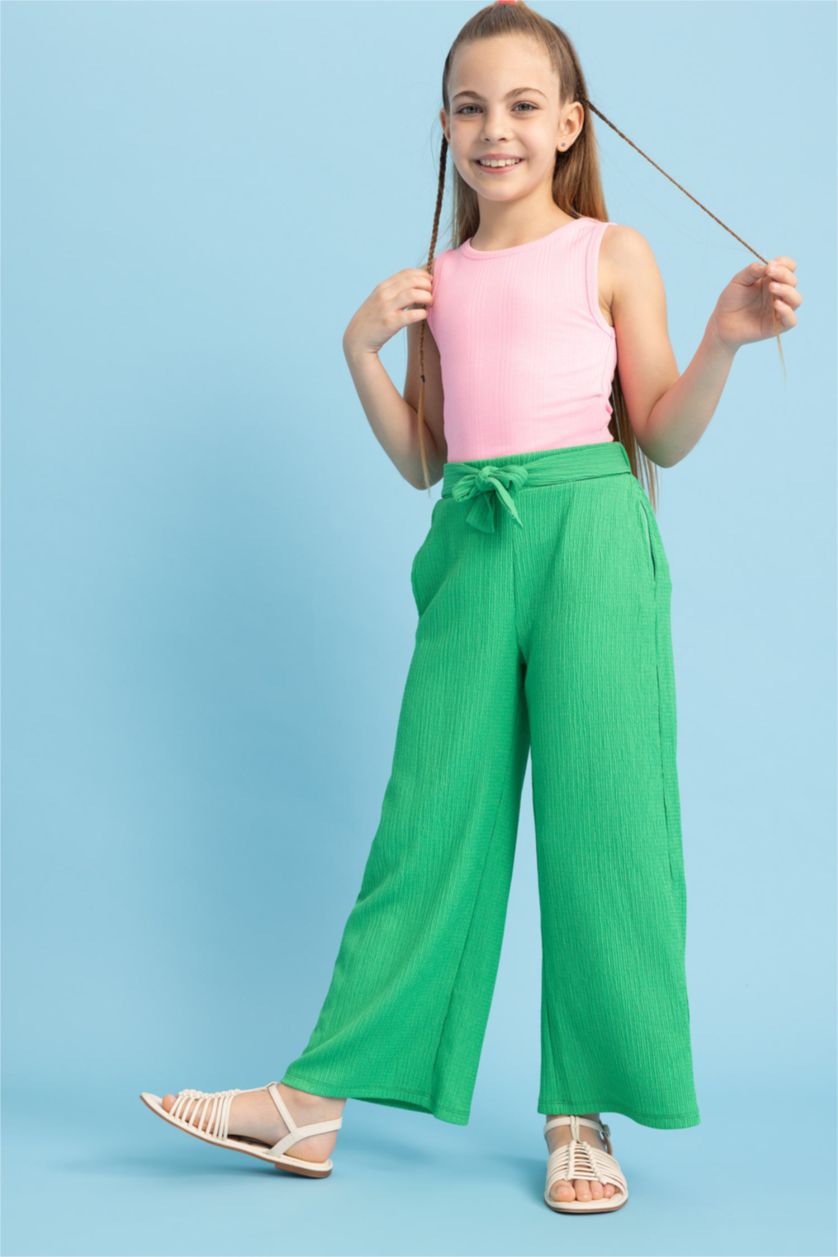 بنات أخضر بنطلون بناتي من قماش مجعد