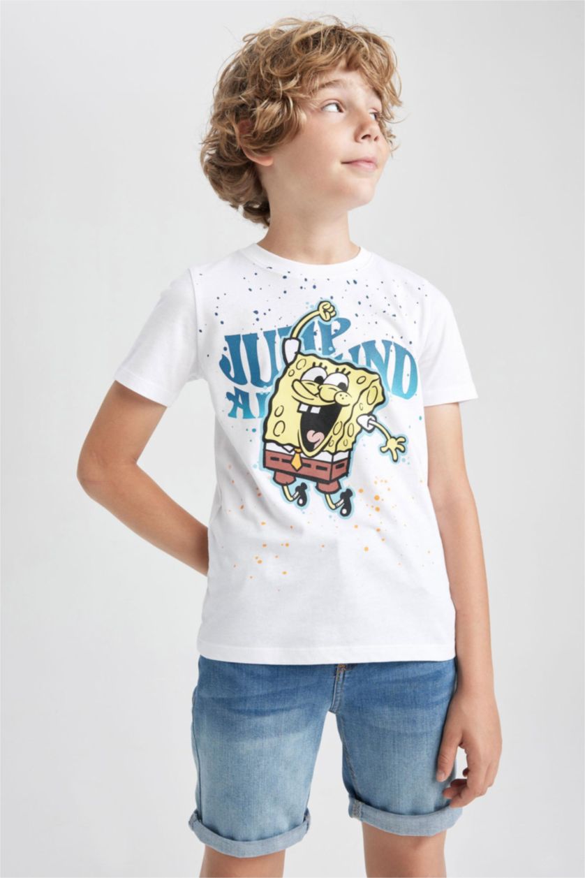 Erkek Çocuk - Genç Erkek Beyaz Erkek Çocuk SpongeBob Bisiklet Yaka Kısa Kollu Tişört