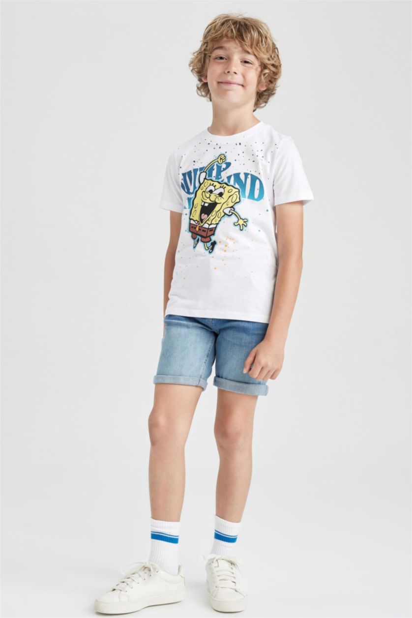 Erkek Çocuk - Genç Erkek Beyaz Erkek Çocuk SpongeBob Bisiklet Yaka Kısa Kollu Tişört