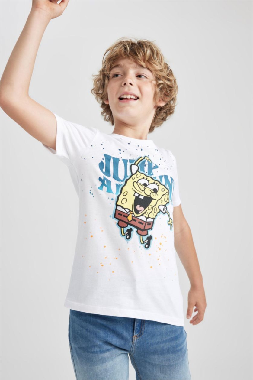 Erkek Çocuk - Genç Erkek Beyaz Erkek Çocuk SpongeBob Bisiklet Yaka Kısa Kollu Tişört