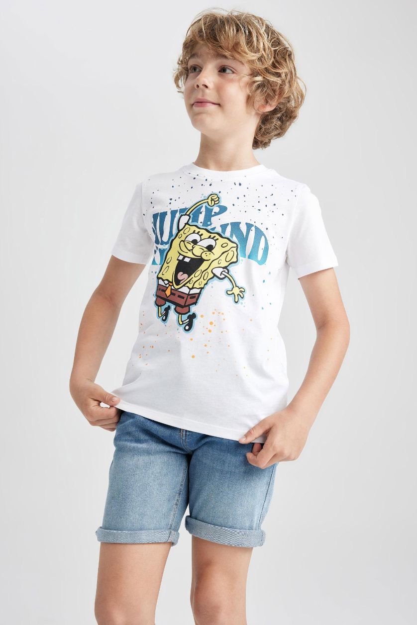 Erkek Çocuk - Genç Erkek Beyaz Erkek Çocuk SpongeBob Bisiklet Yaka Kısa Kollu Tişört