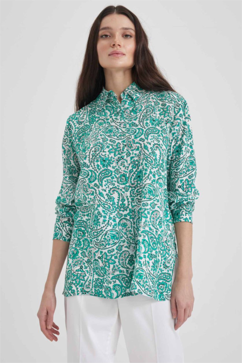 WOMAN Light Green Traditional Shirt Collar Long Sleeve Tunic