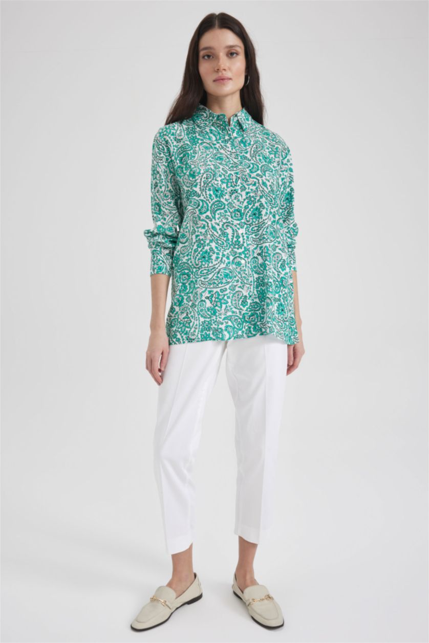 WOMAN Light Green Traditional Shirt Collar Long Sleeve Tunic